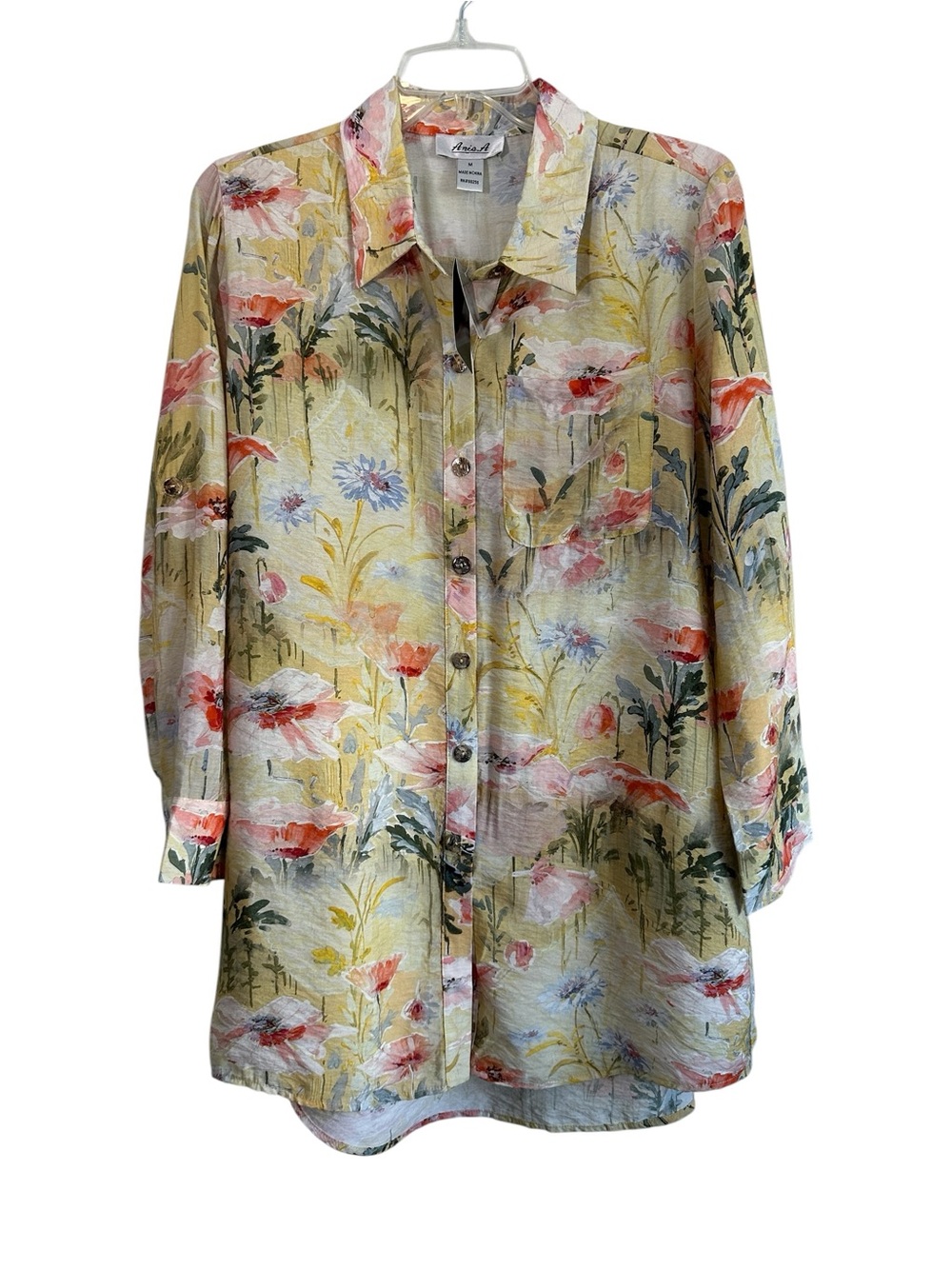 Aris A Top Medium Yellow Floral Lightweight Shirt Blouse Watercolor Peasant